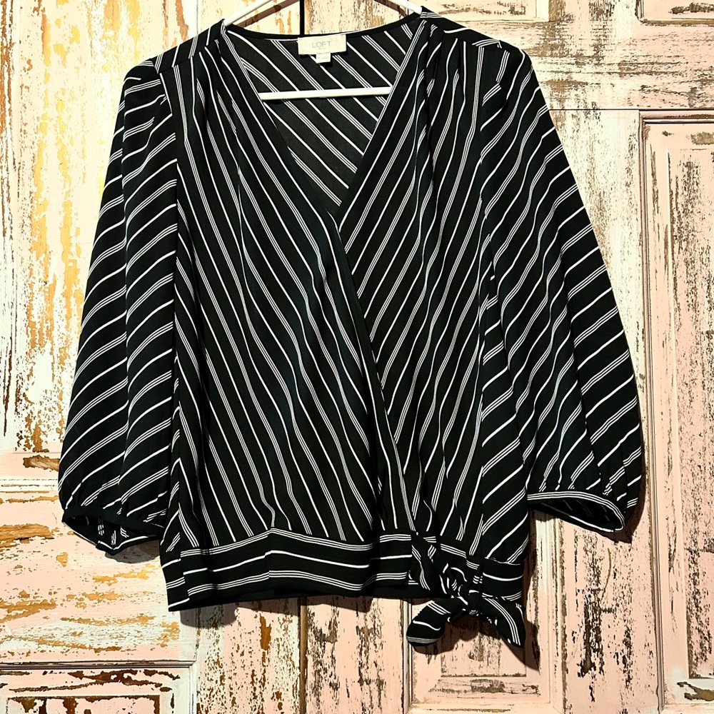 LOFT Black and White Striped Chevron Blouse